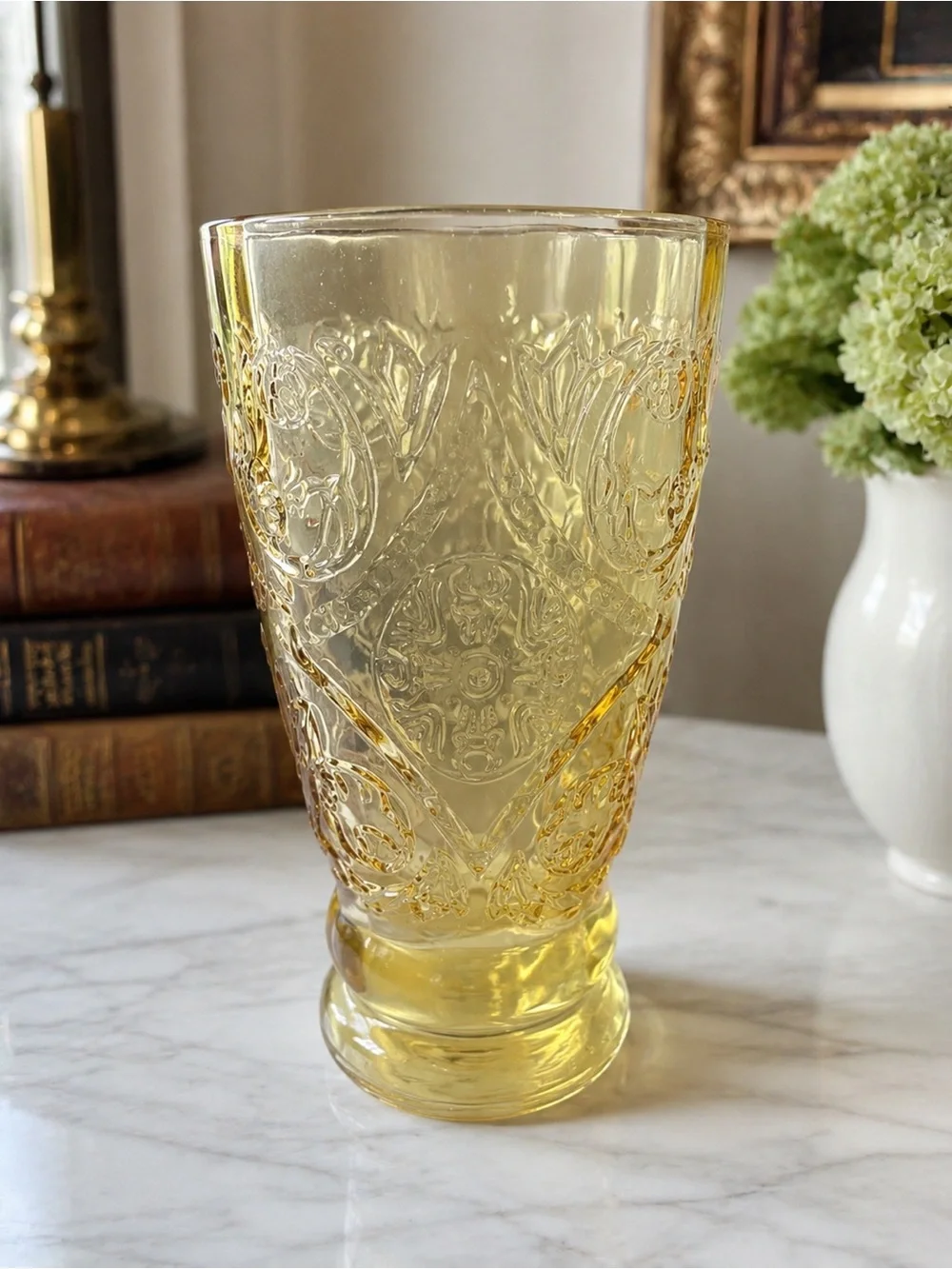 Vintage Amber Depression Glass Cup Tumbler Embossed Floral Scroll